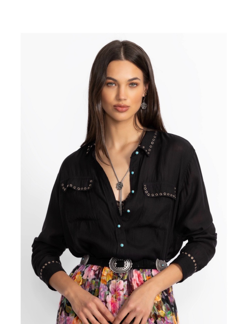 Johnny Was Black Button-Down Eyelet Shirt with Turquoise Buttons